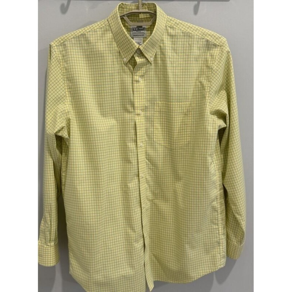 LL Bean Mens Traditional Fit Yellow Blue Windowpane Print Button Down Shirt M